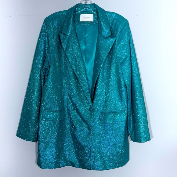 Meshki Becky Shimmer Oversized Blazer Dress Aquamarine L Mermaid Glitter Festive - Picture 7 of 16